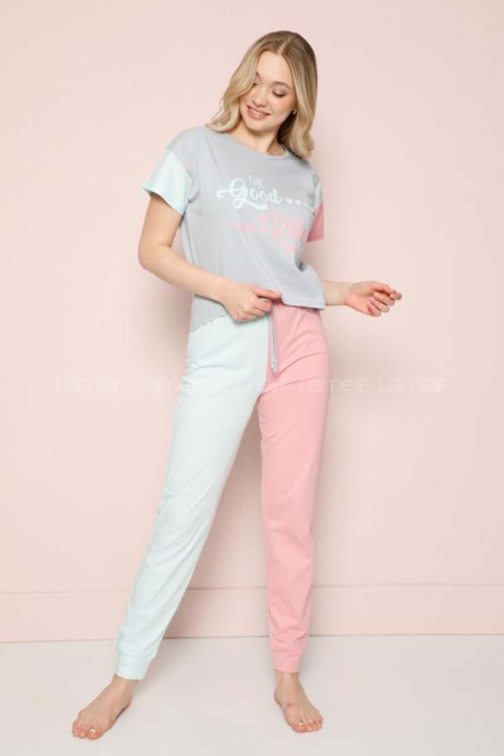 Modalamelif The Good Yazılı Garnili Şhort Pijama Takımı Turkuaz-Pudra