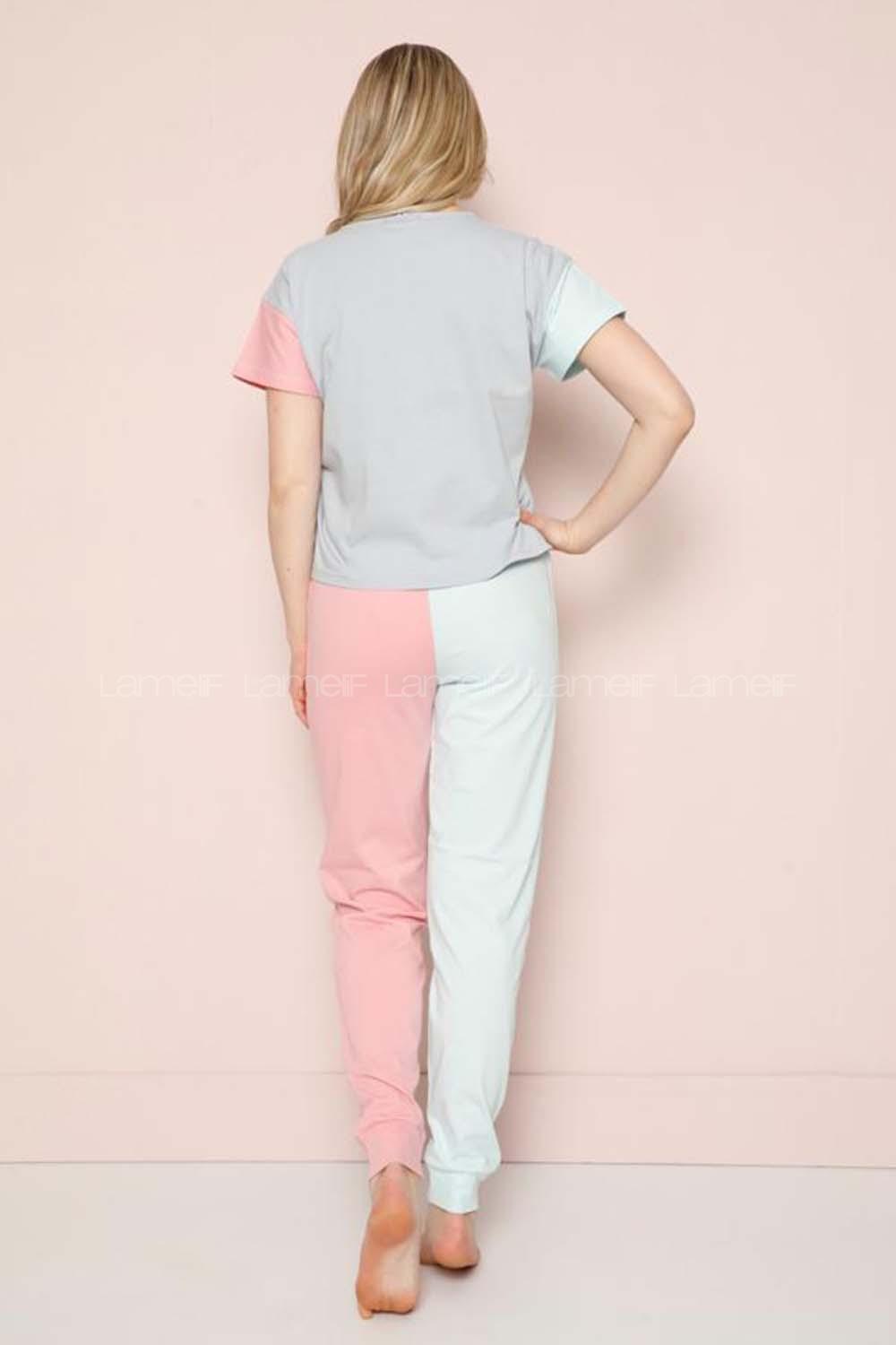 Modalamelif The Good Yazılı Garnili Şhort Pijama Takımı Turkuaz-Pudra