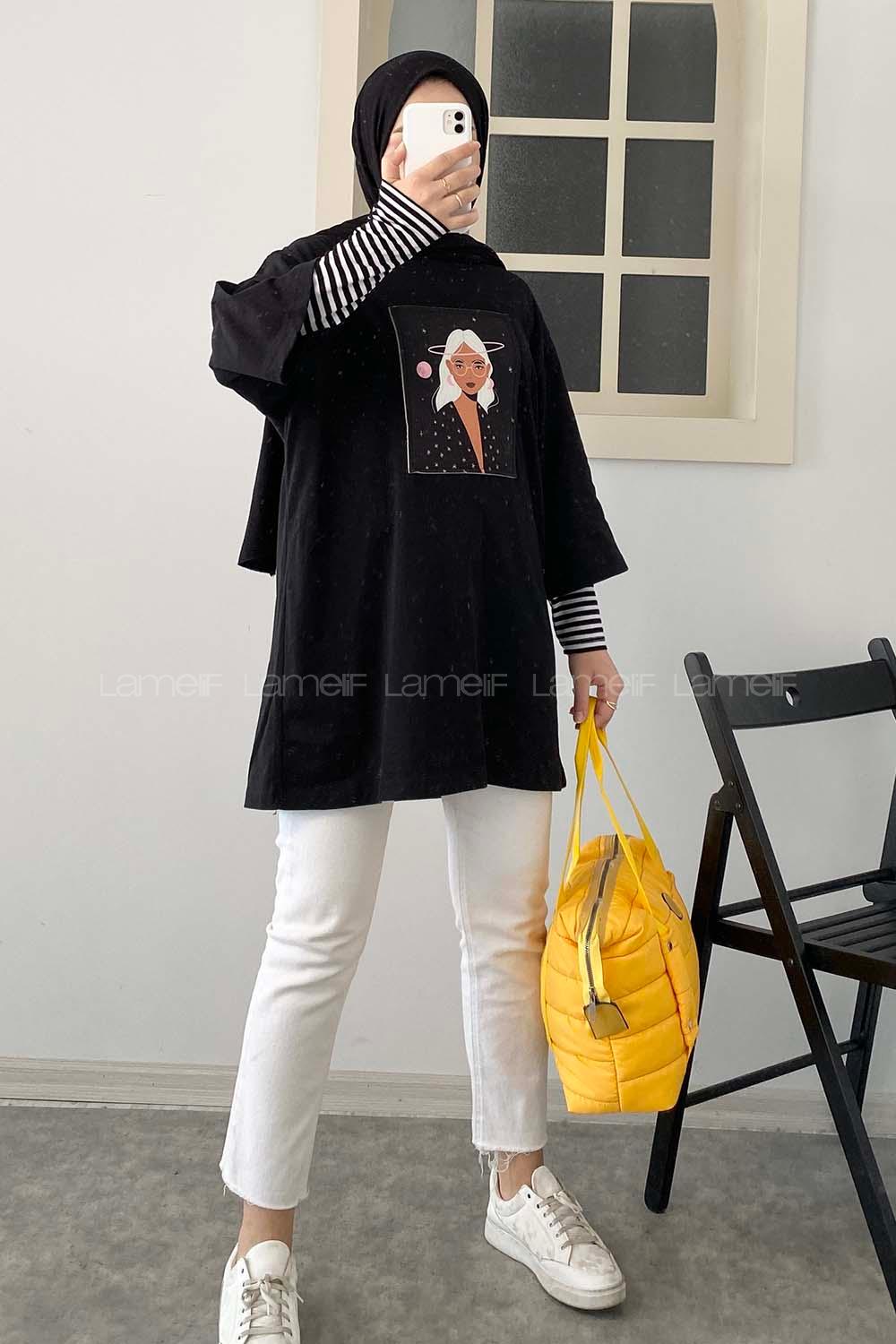 Modalamelif Uzaylı Kız Oversize T-Shirt Siyah
