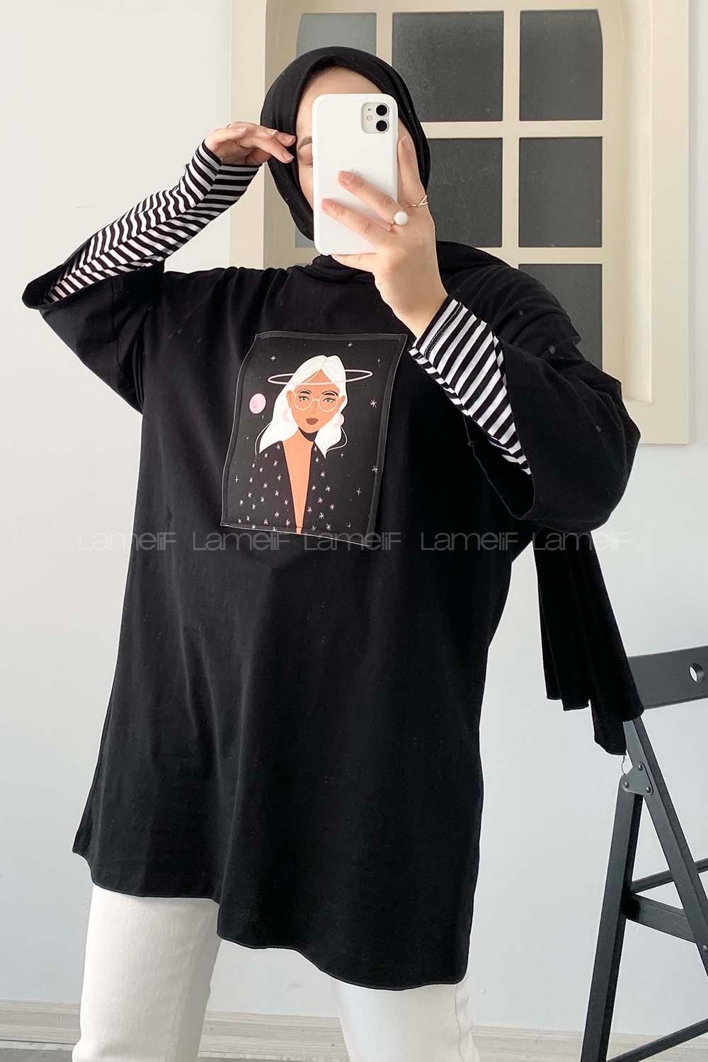 Modalamelif Uzaylı Kız Oversize T-Shirt Siyah