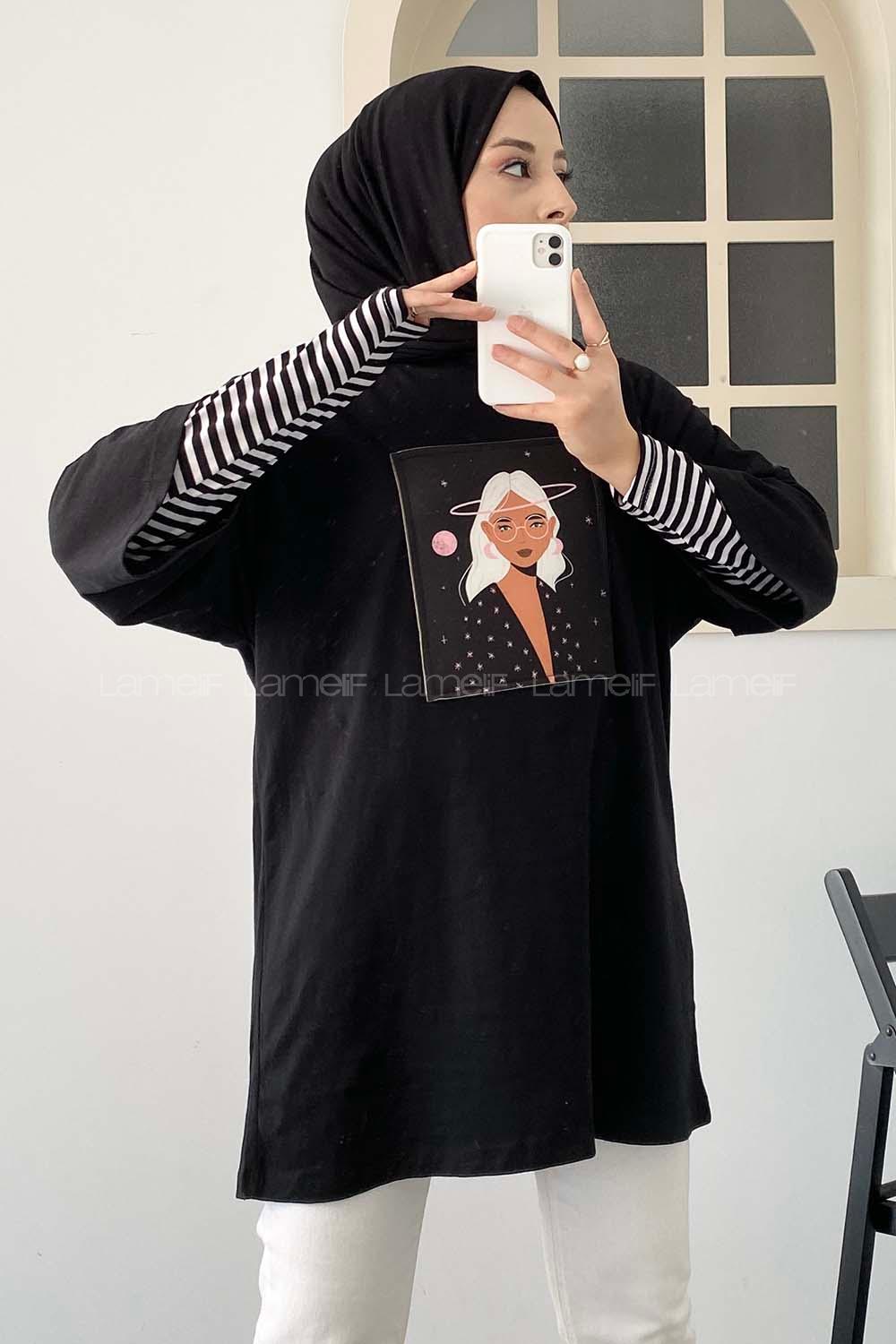 Modalamelif Uzaylı Kız Oversize T-Shirt Siyah