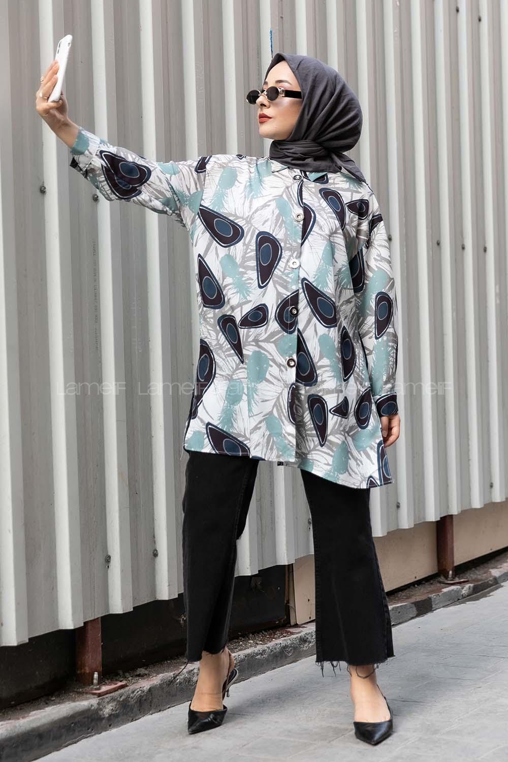 Modalamelif Yaprak Desen Baskılı Gömlek Çağla-Lacivert