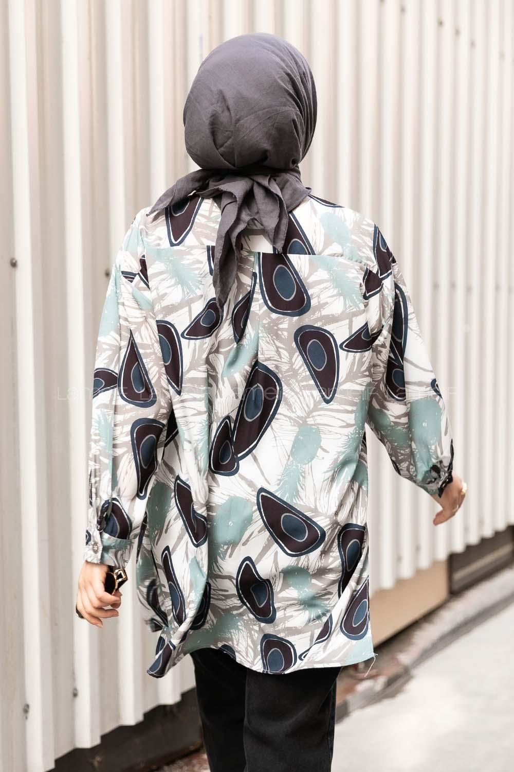 Modalamelif Yaprak Desen Baskılı Gömlek Çağla-Lacivert