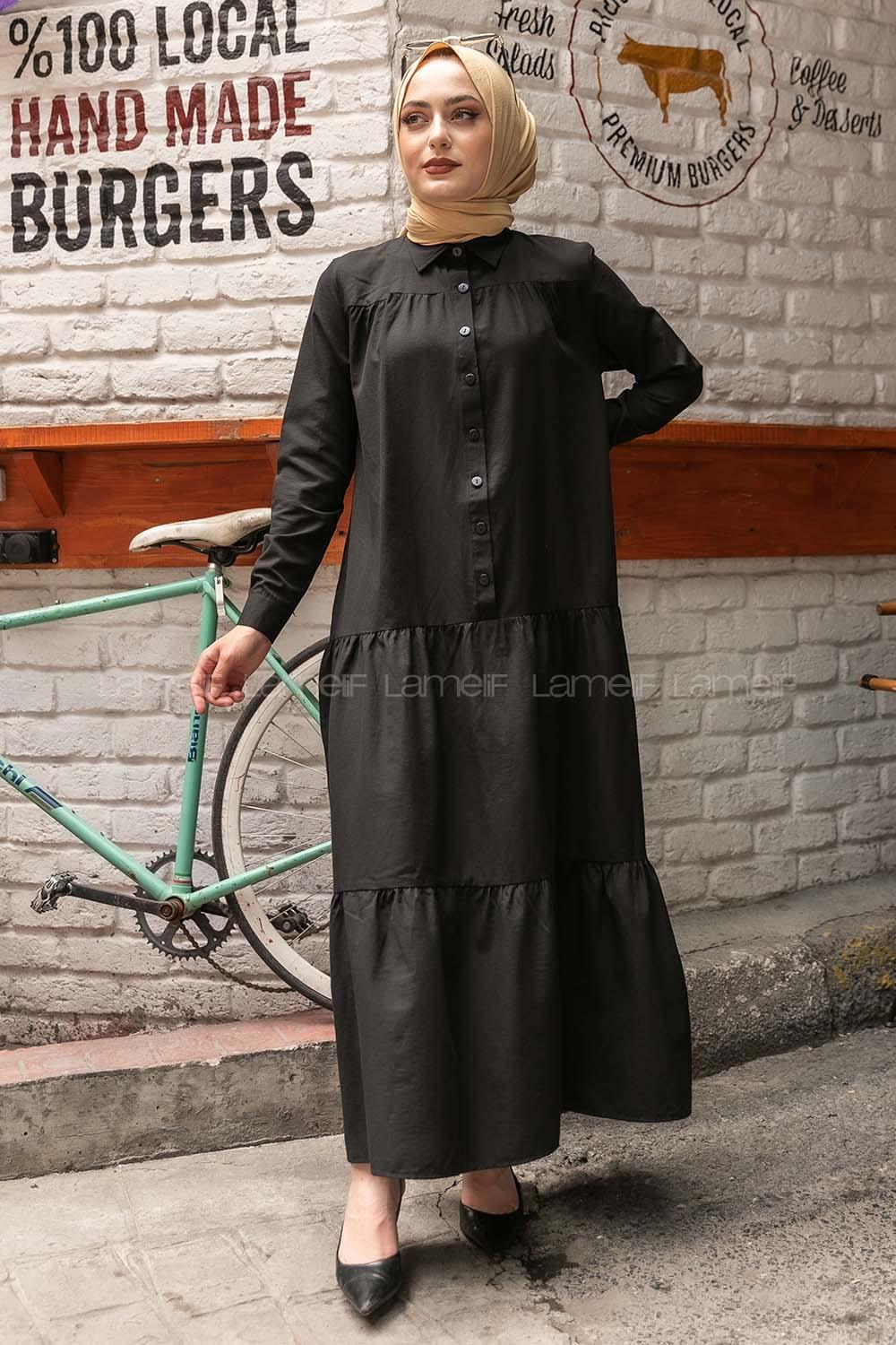 Modalamelif Önü Yarım Düğmeli  Elbise Siyah