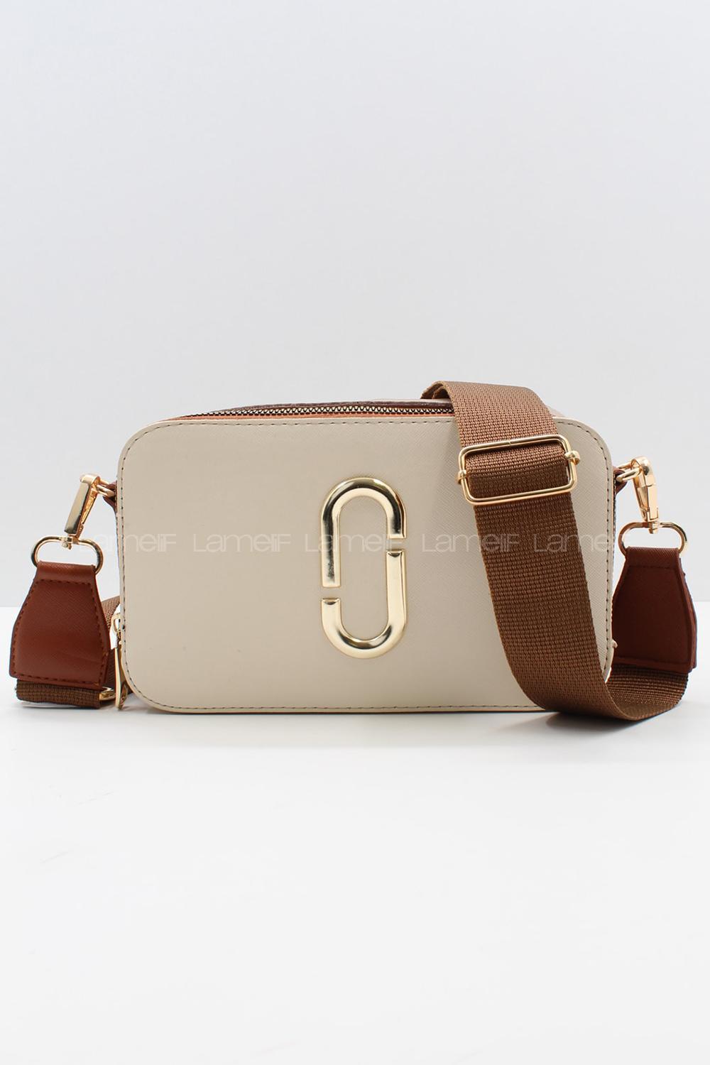 Lamelif Püskürtme Boyalı Metal Detay Çanta Krem-Vizon