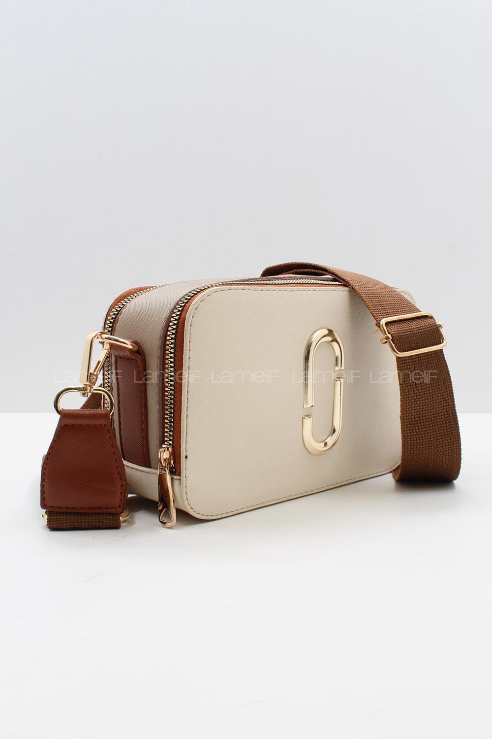 Lamelif Püskürtme Boyalı Metal Detay Çanta Krem-Vizon