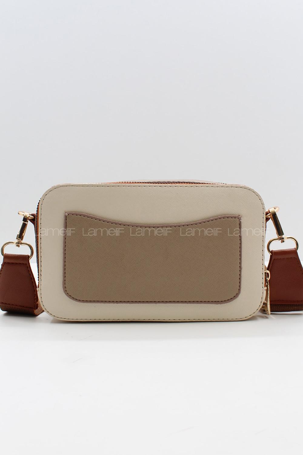 Lamelif Püskürtme Boyalı Metal Detay Çanta Krem-Vizon