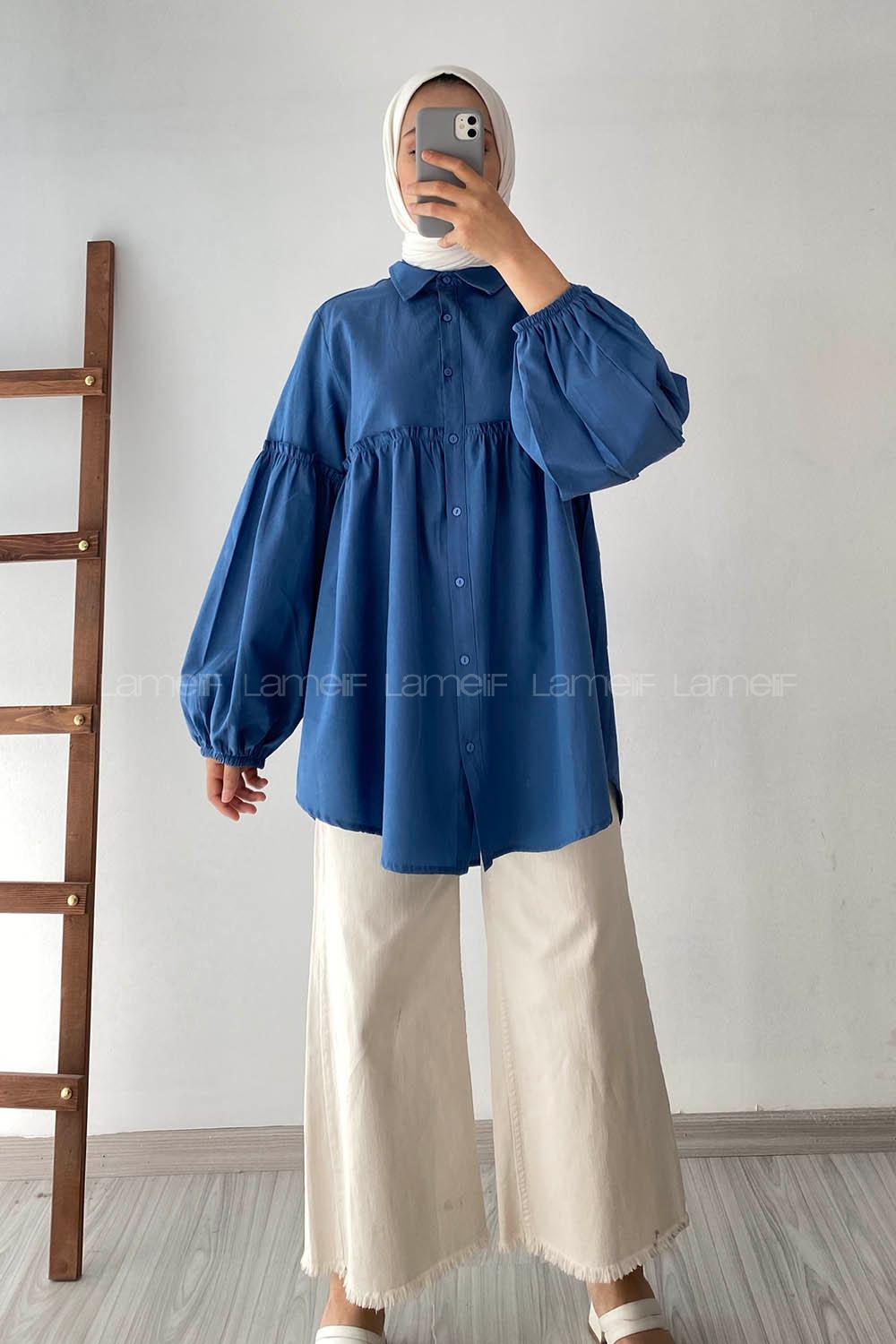 Modalamelif Balon Kol Önü Boydan Düğmeli Büzgülü Gömlek İndigo