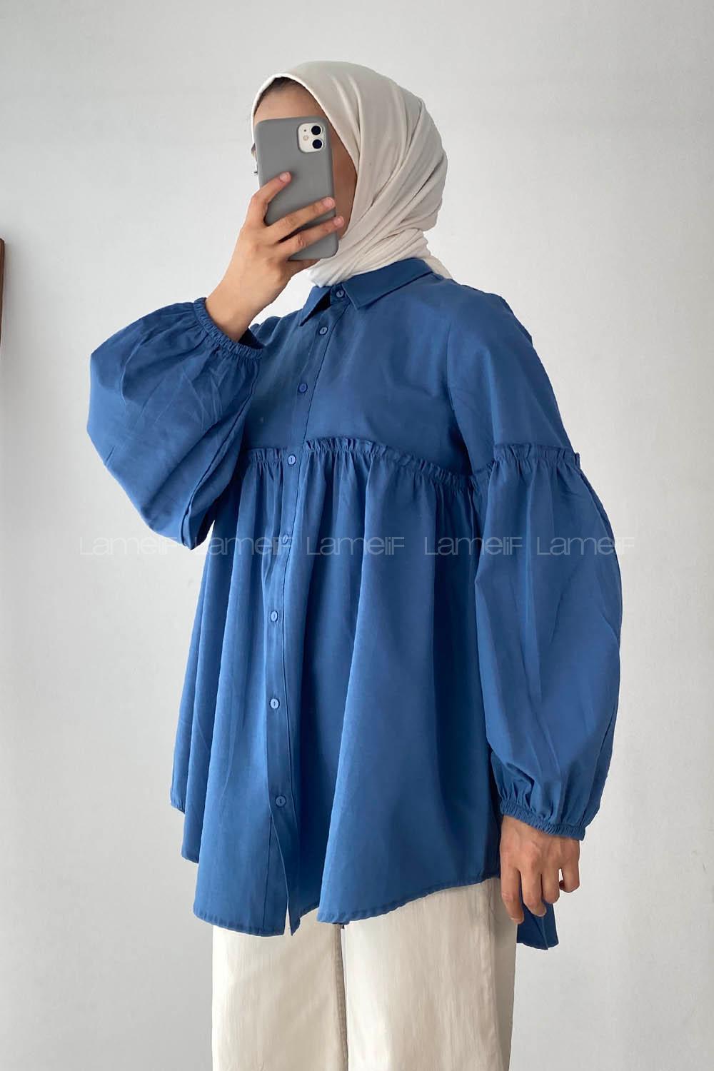 Modalamelif Balon Kol Önü Boydan Düğmeli Büzgülü Gömlek İndigo