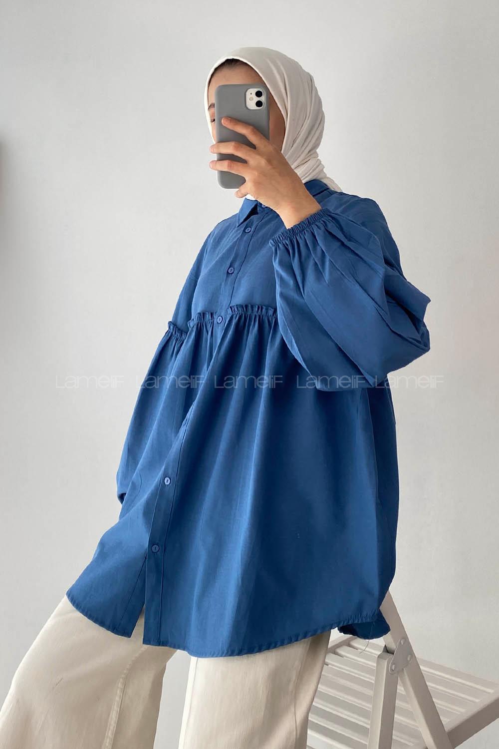 Modalamelif Balon Kol Önü Boydan Düğmeli Büzgülü Gömlek İndigo