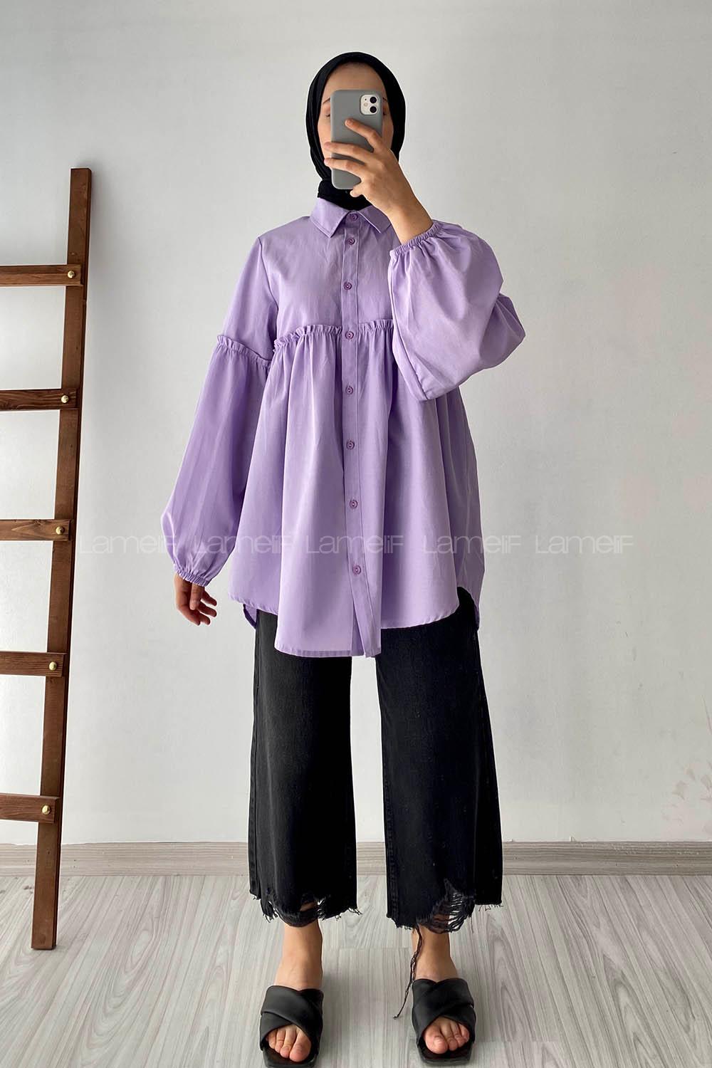 Modalamelif Balon Kol Önü Boydan Düğmeli Büzgülü Gömlek Lila