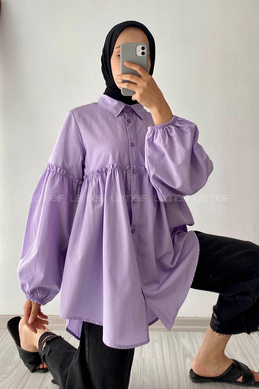 Modalamelif Balon Kol Önü Boydan Düğmeli Büzgülü Gömlek Lila