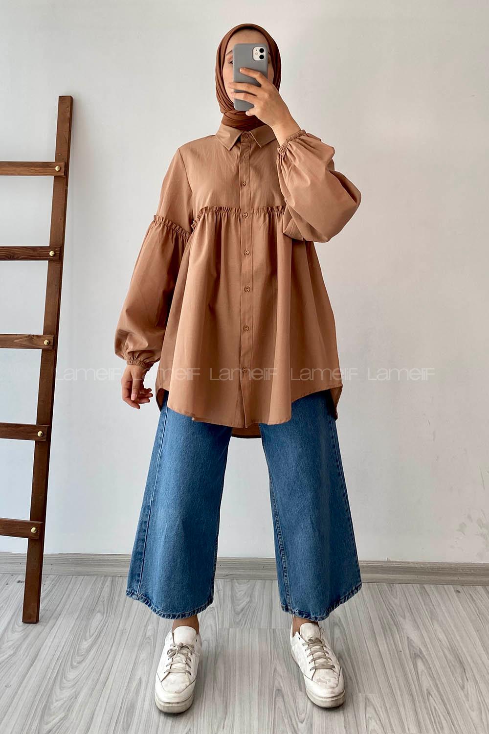 Modalamelif Balon Kol Önü Boydan Düğmeli Büzgülü Gömlek Sütlü Kahve