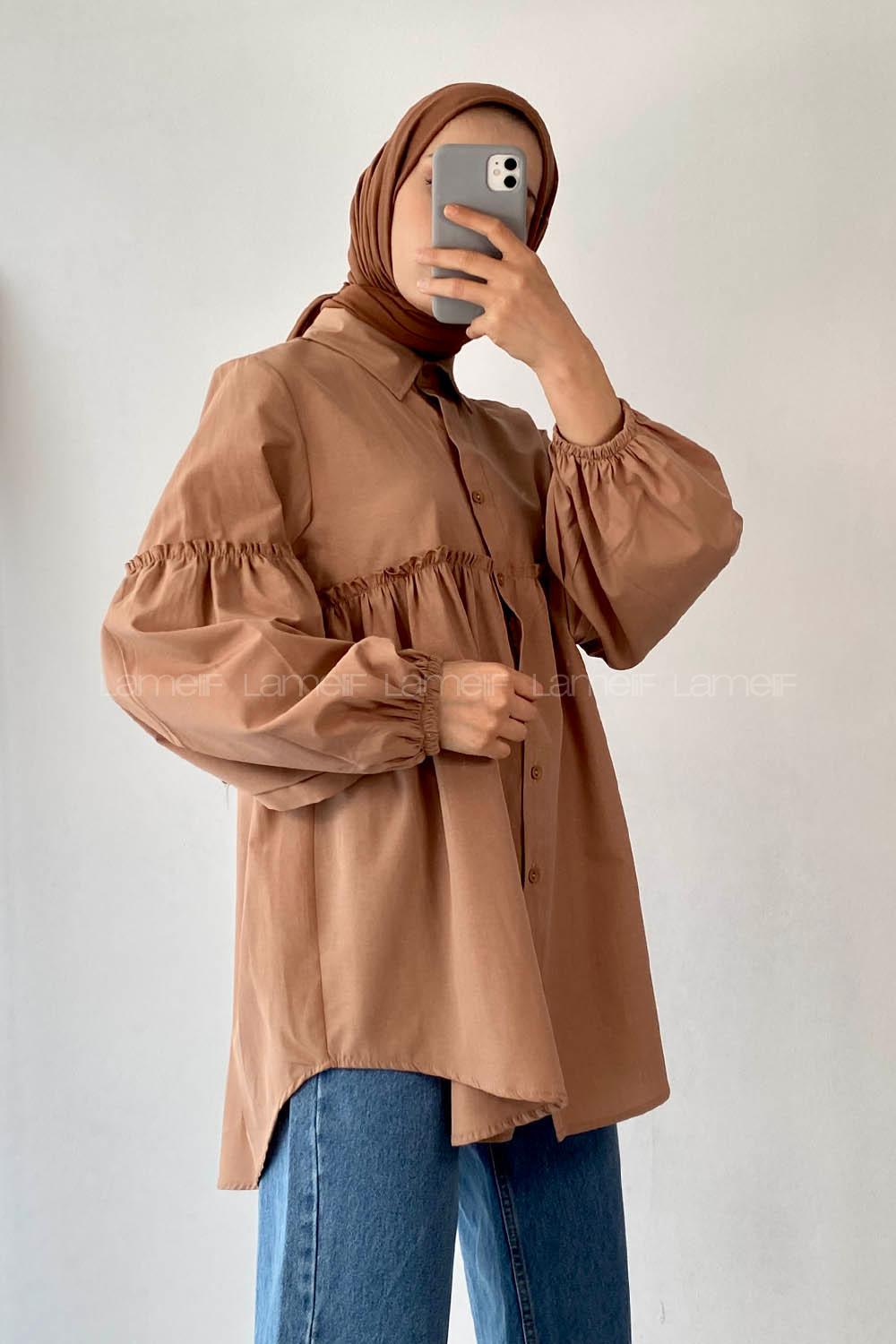 Modalamelif Balon Kol Önü Boydan Düğmeli Büzgülü Gömlek Sütlü Kahve