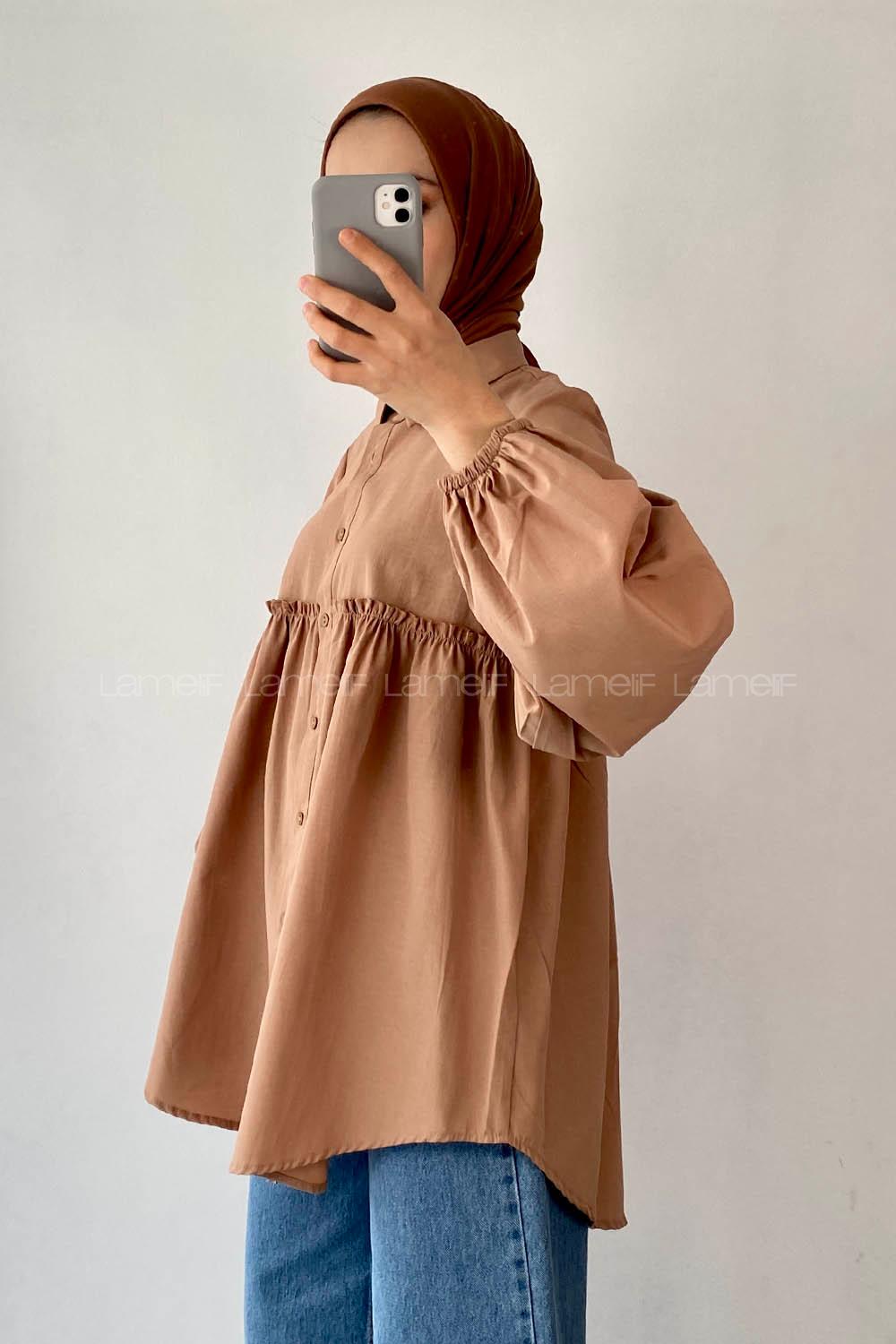 Modalamelif Balon Kol Önü Boydan Düğmeli Büzgülü Gömlek Sütlü Kahve