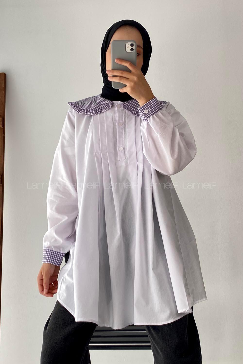 Modalamelif Bebe Yaka Pötikare Detaylı Tunik Beyaz-Lila