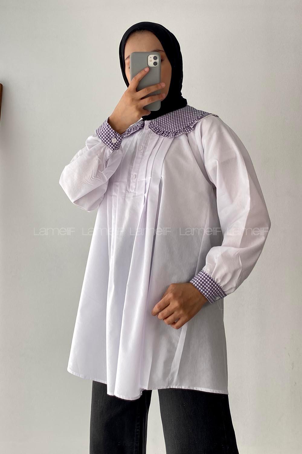 Modalamelif Bebe Yaka Pötikare Detaylı Tunik Beyaz-Lila