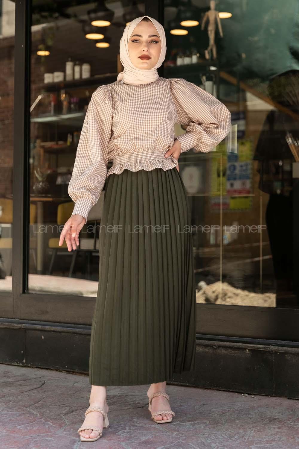 Modalamelif Bel Lastikli Pötikare Bluz Sütlü Kahve