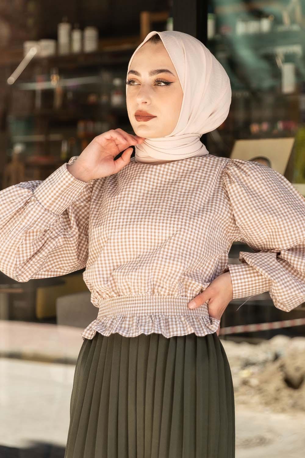 Modalamelif Bel Lastikli Pötikare Bluz Sütlü Kahve