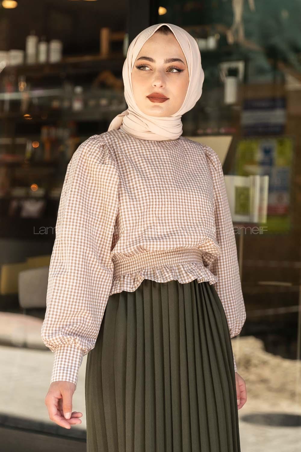 Modalamelif Bel Lastikli Pötikare Bluz Sütlü Kahve