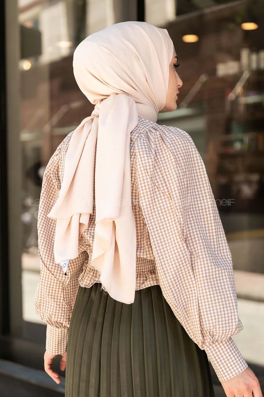 Modalamelif Bel Lastikli Pötikare Bluz Sütlü Kahve