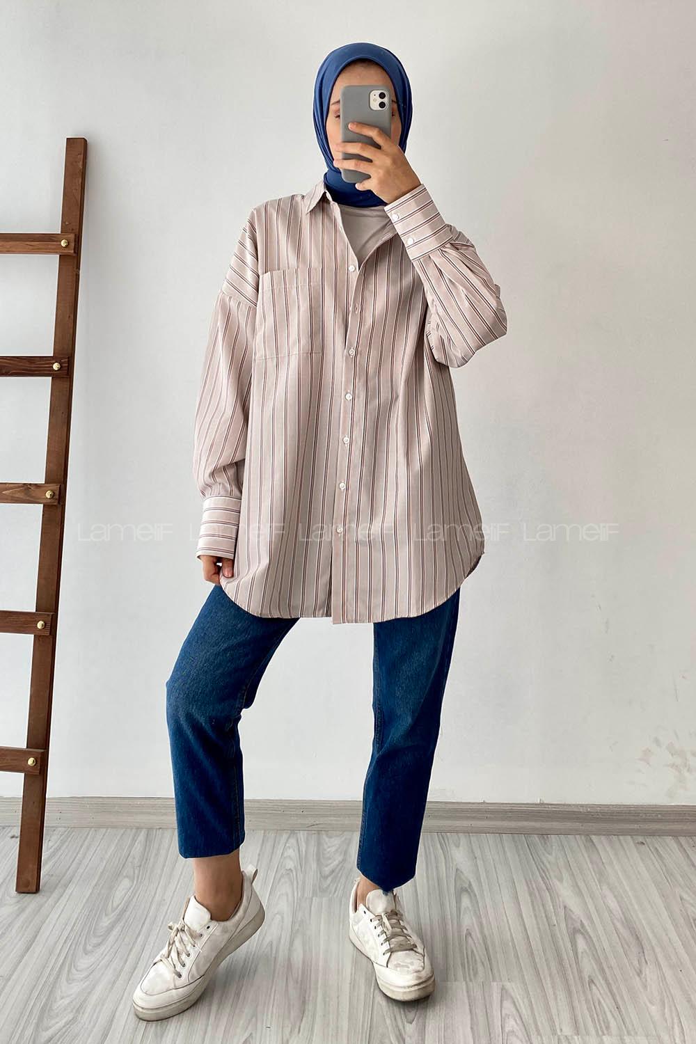 Modalamelif Çizgi Motifli Önü Tek Cep Detaylı Gömlek Taş