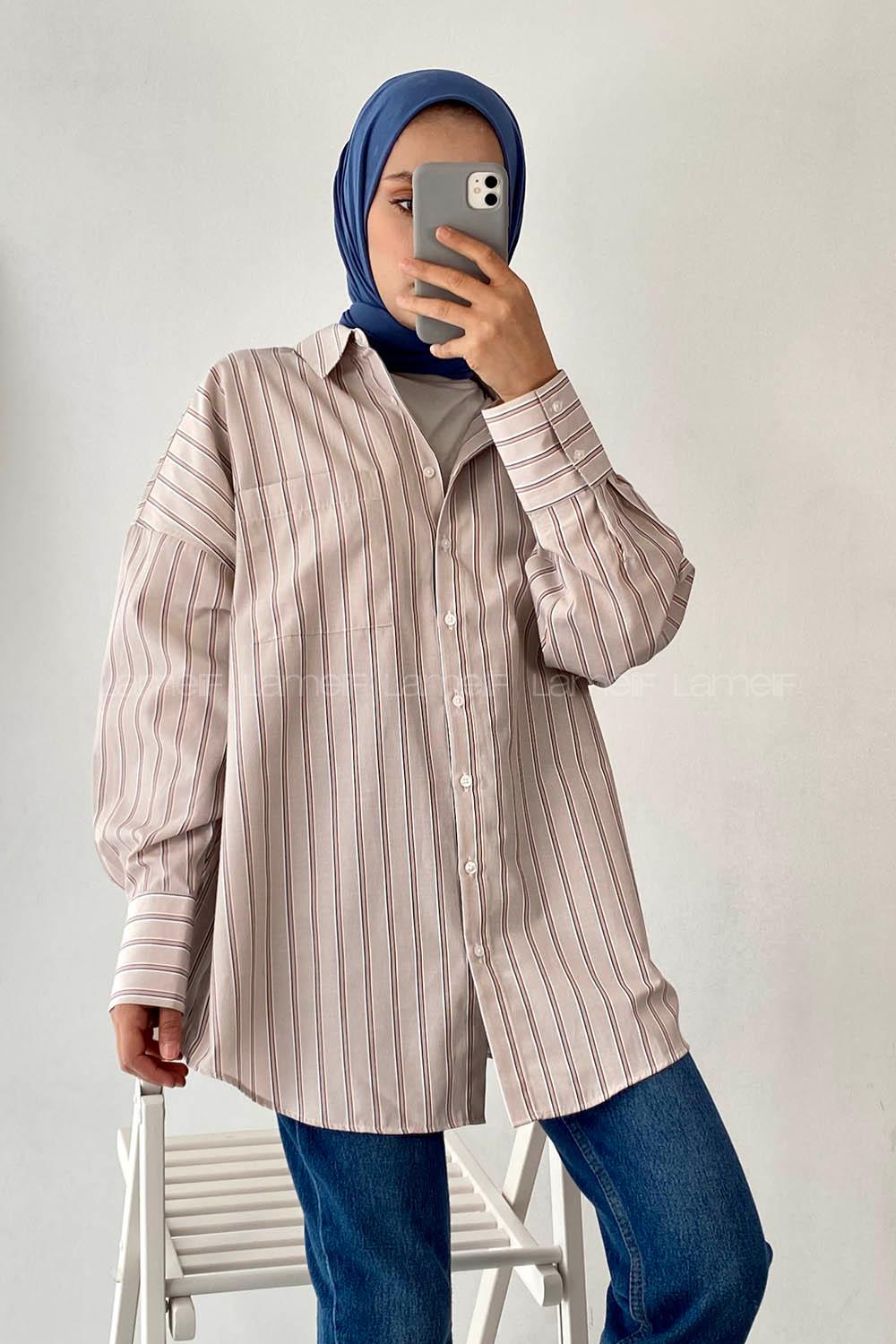 Modalamelif Çizgi Motifli Önü Tek Cep Detaylı Gömlek Taş