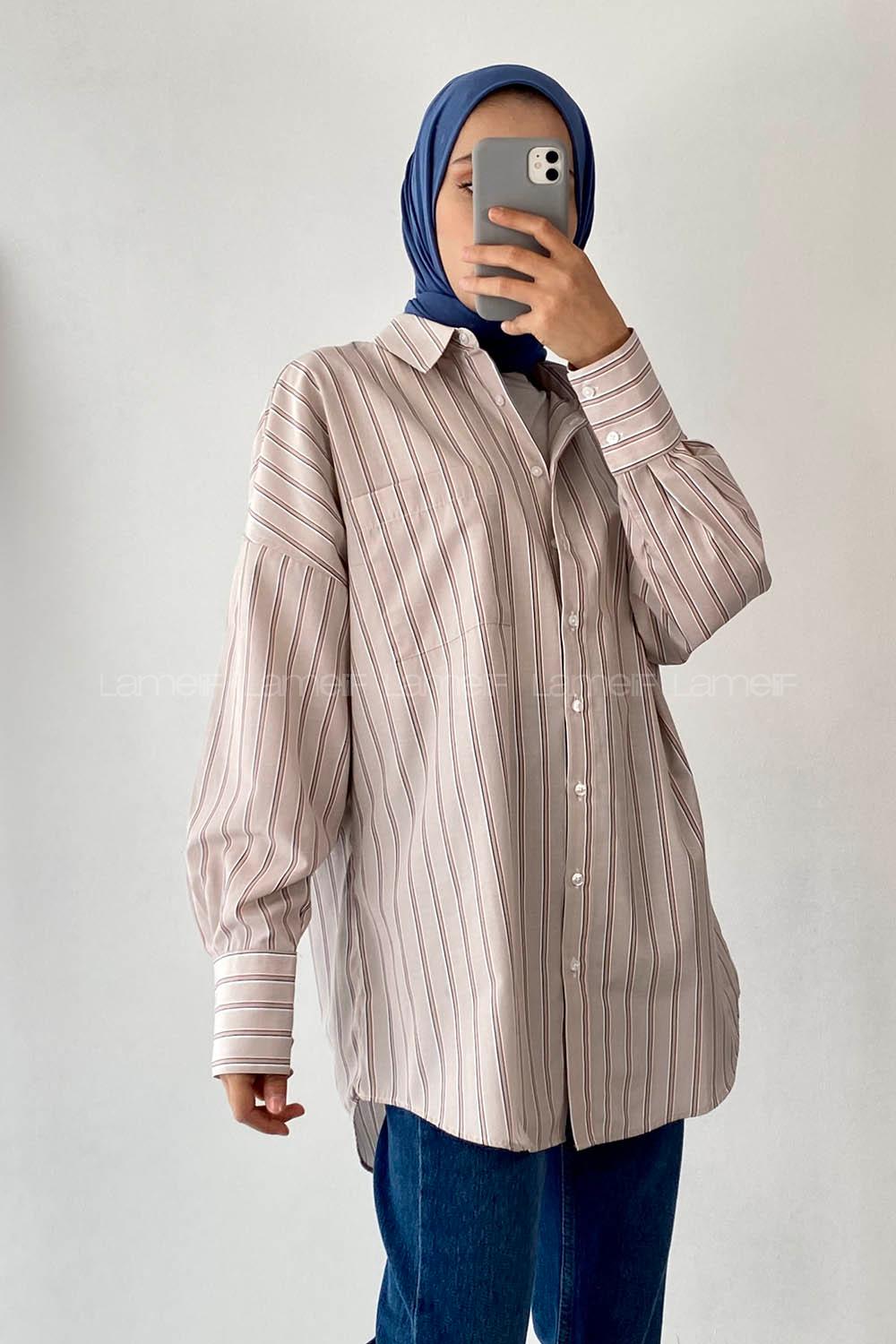 Modalamelif Çizgi Motifli Önü Tek Cep Detaylı Gömlek Taş