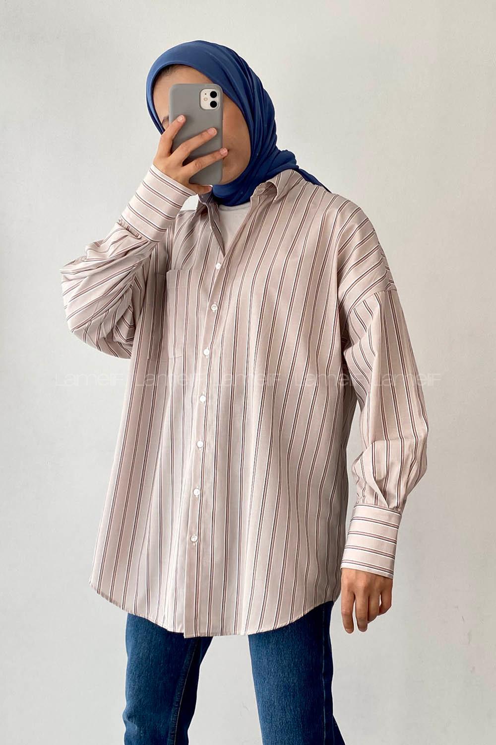 Modalamelif Çizgi Motifli Önü Tek Cep Detaylı Gömlek Taş
