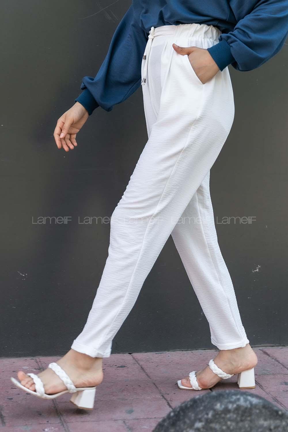 Modalamelif Duble Paça Beli Bağcık Detaylı Pantolon Beyaz