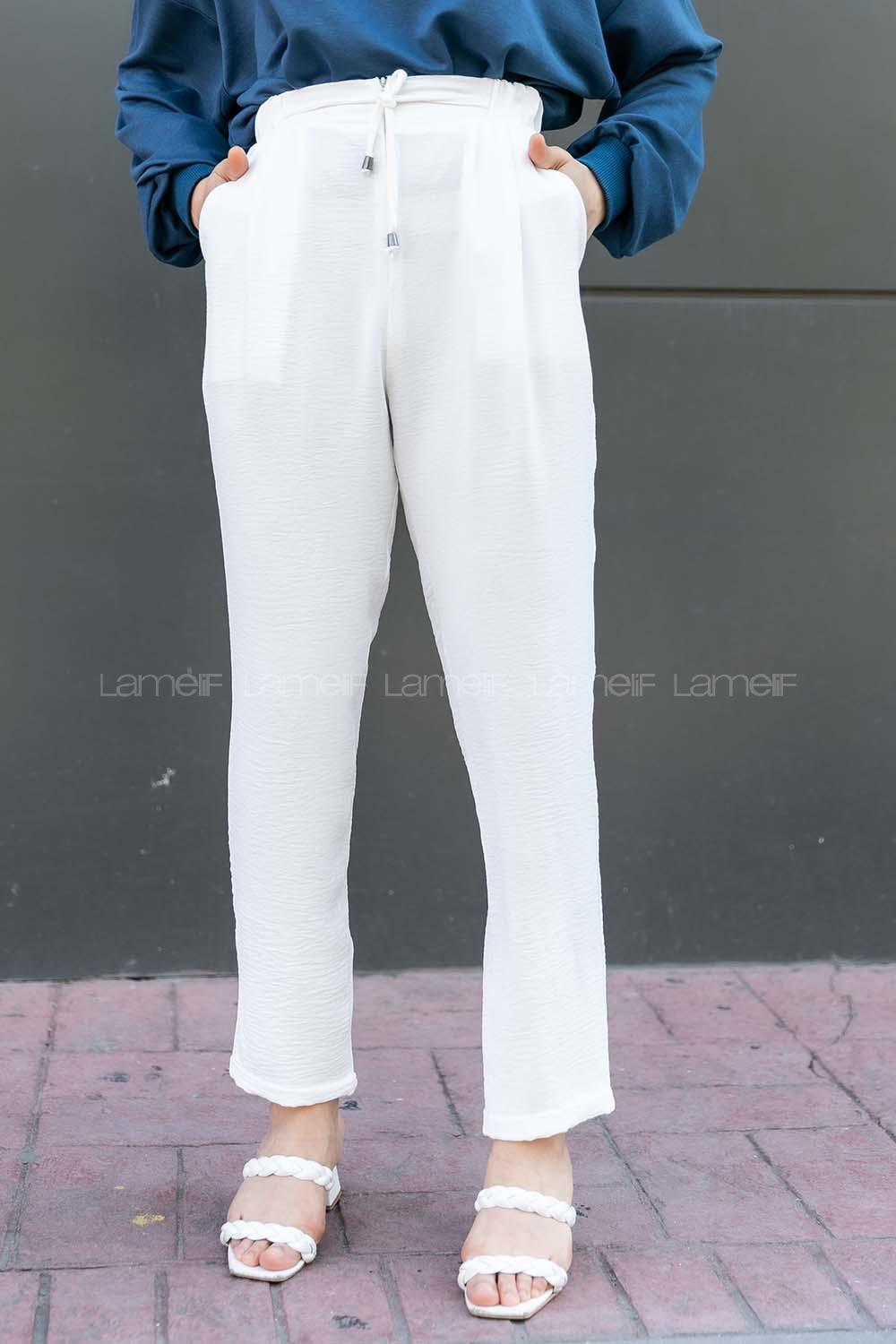 Modalamelif Duble Paça Beli Bağcık Detaylı Pantolon Beyaz