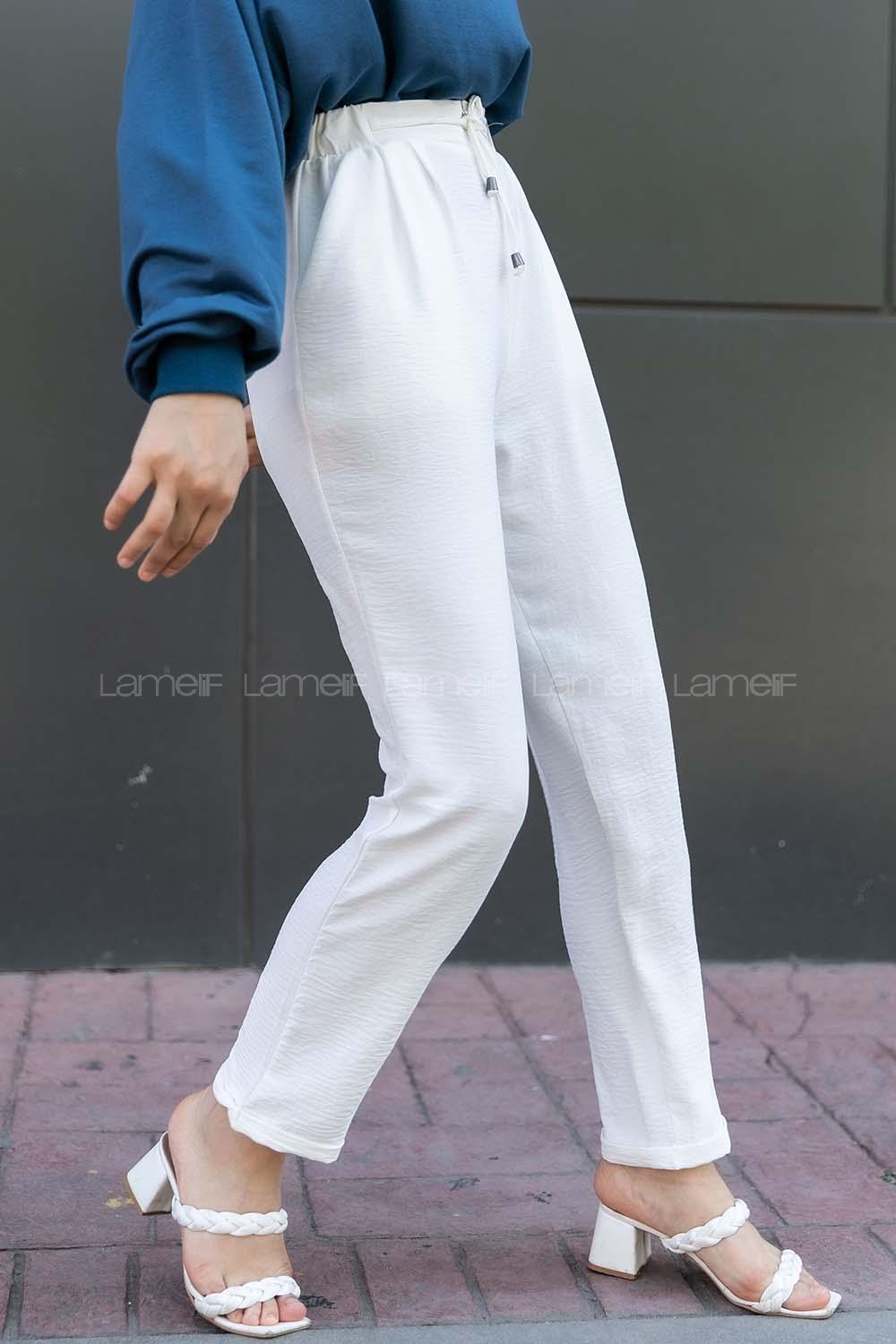 Modalamelif Duble Paça Beli Bağcık Detaylı Pantolon Beyaz