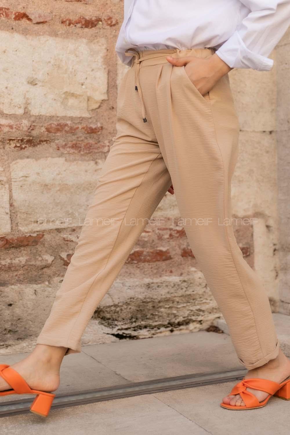 Modalamelif Duble Paça Beli Bağcık Detaylı Pantolon Camel