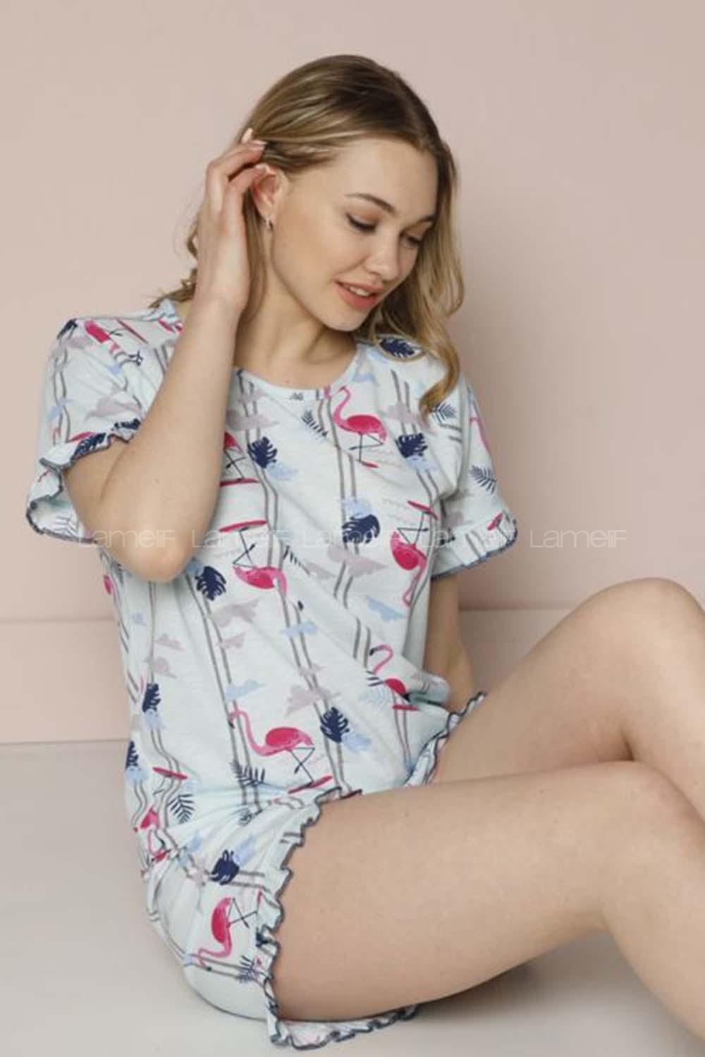 Modalamelif Flamingo Desenli Şortlu Takım Mavi