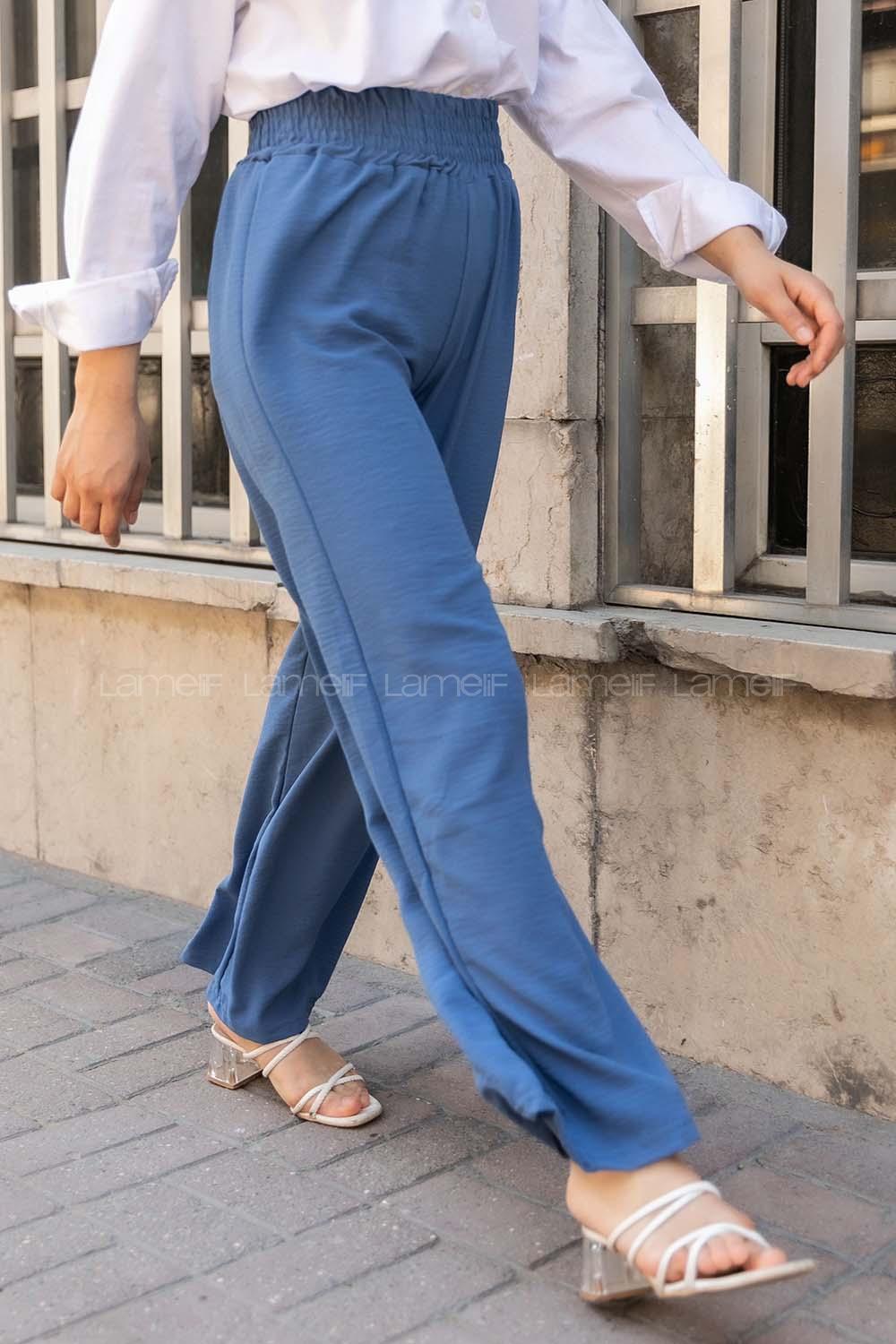 Modalamelif Geniş Kemerli Ayrobin Bol Paça Eşofman İndigo