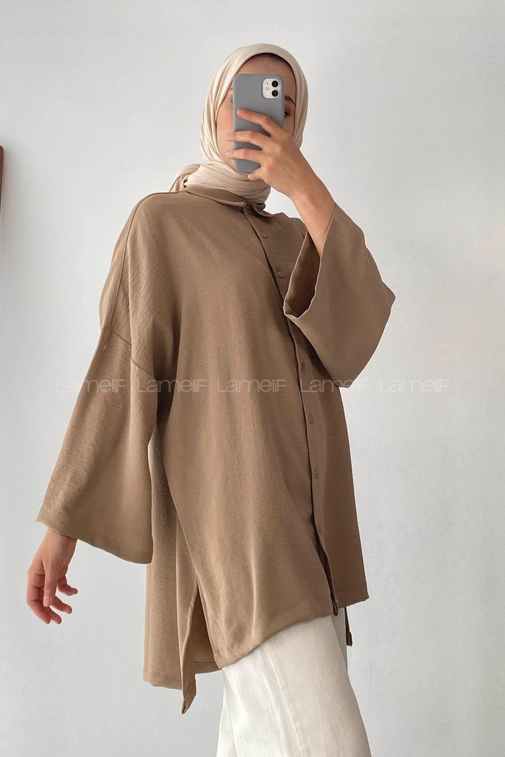 Modalamelif Geniş Yarım Kollu Önü Düğmeli Tunik Camel