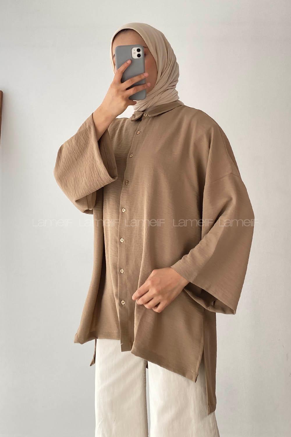 Modalamelif Geniş Yarım Kollu Önü Düğmeli Tunik Camel