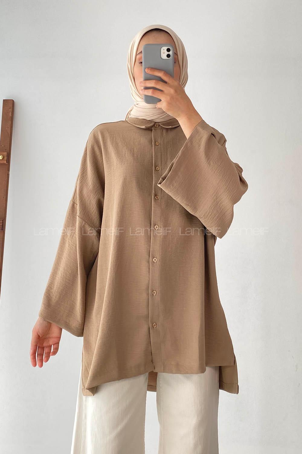 Modalamelif Geniş Yarım Kollu Önü Düğmeli Tunik Camel