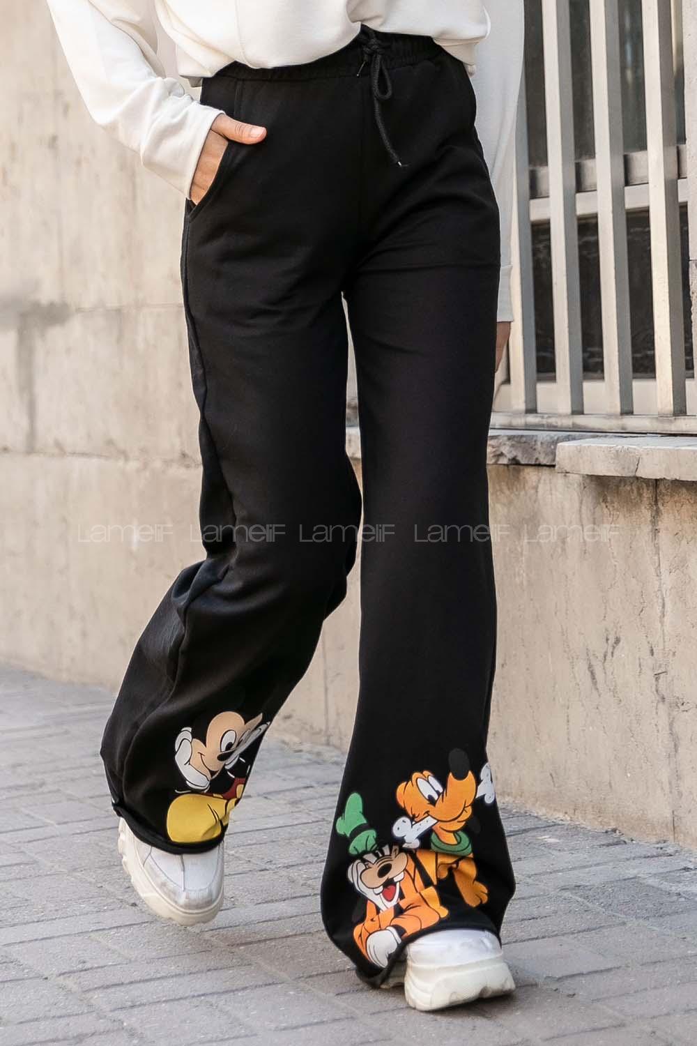 Modalamelif Karakter Baskılı Bol Paça Pantolon Siyah