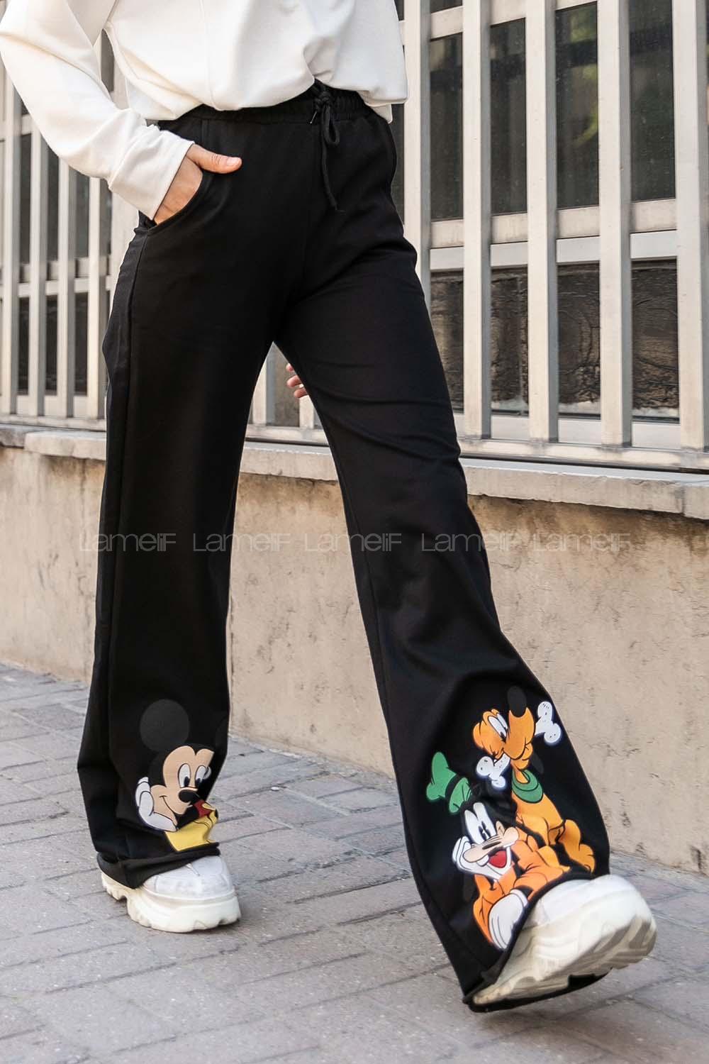 Modalamelif Karakter Baskılı Bol Paça Pantolon Siyah