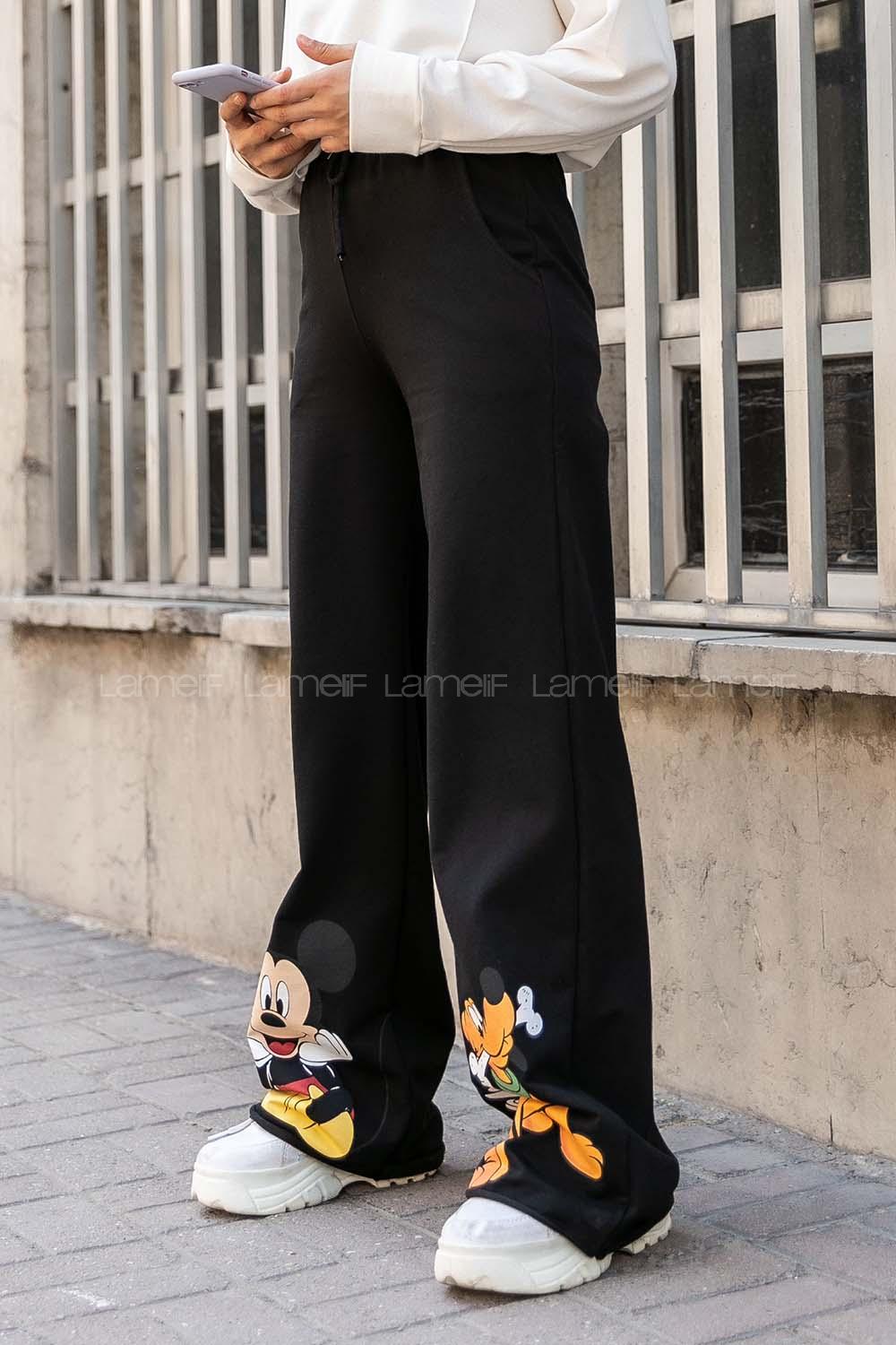 Modalamelif Karakter Baskılı Bol Paça Pantolon Siyah