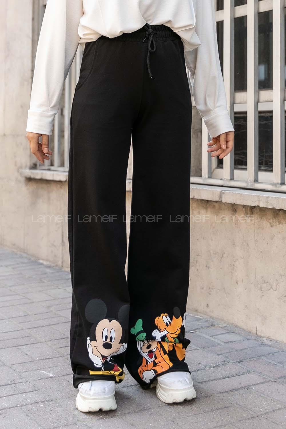 Modalamelif Karakter Baskılı Bol Paça Pantolon Siyah