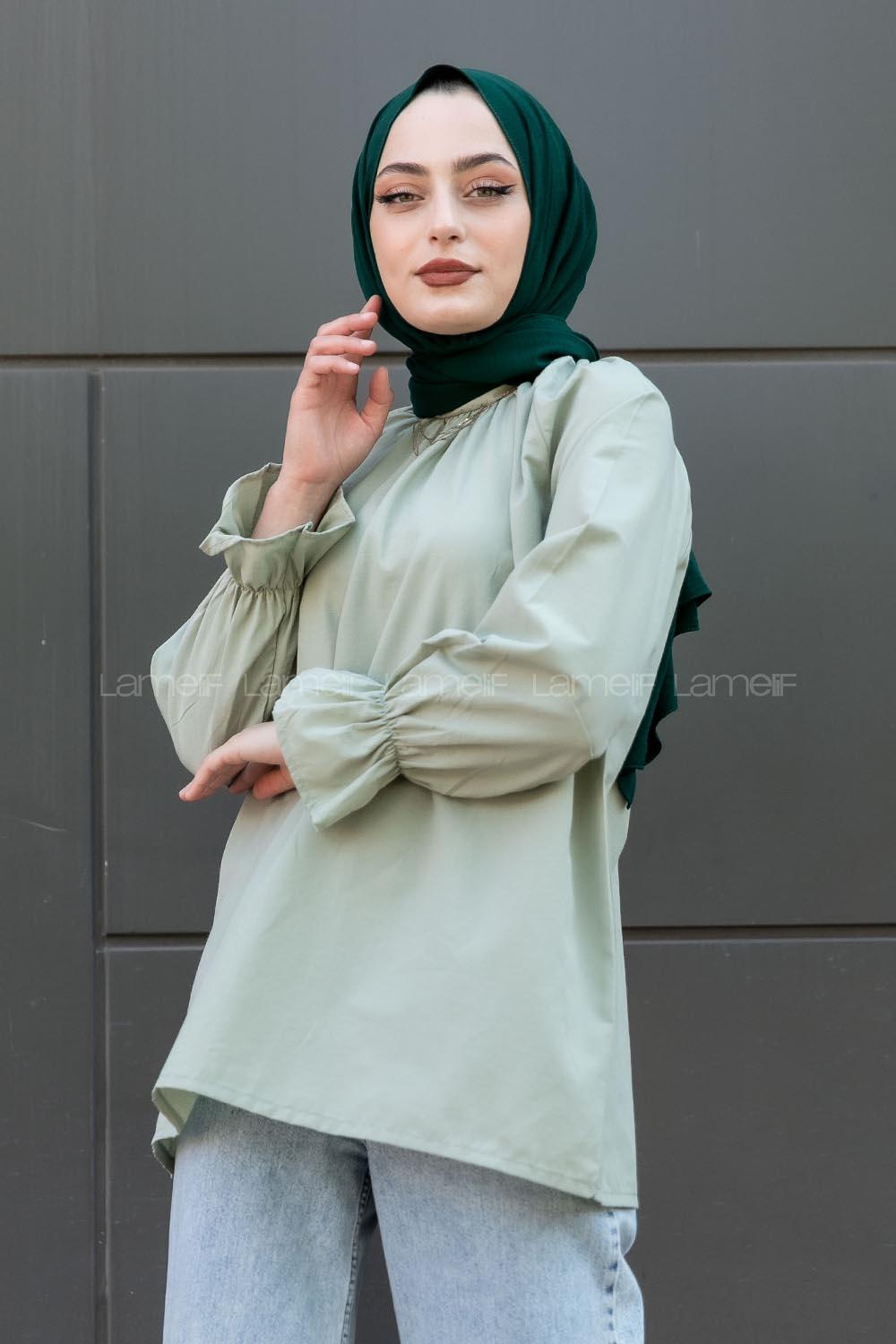 Modalamelif Kol Lastikli Hakim Yaka Bluz Çağla Yeşili