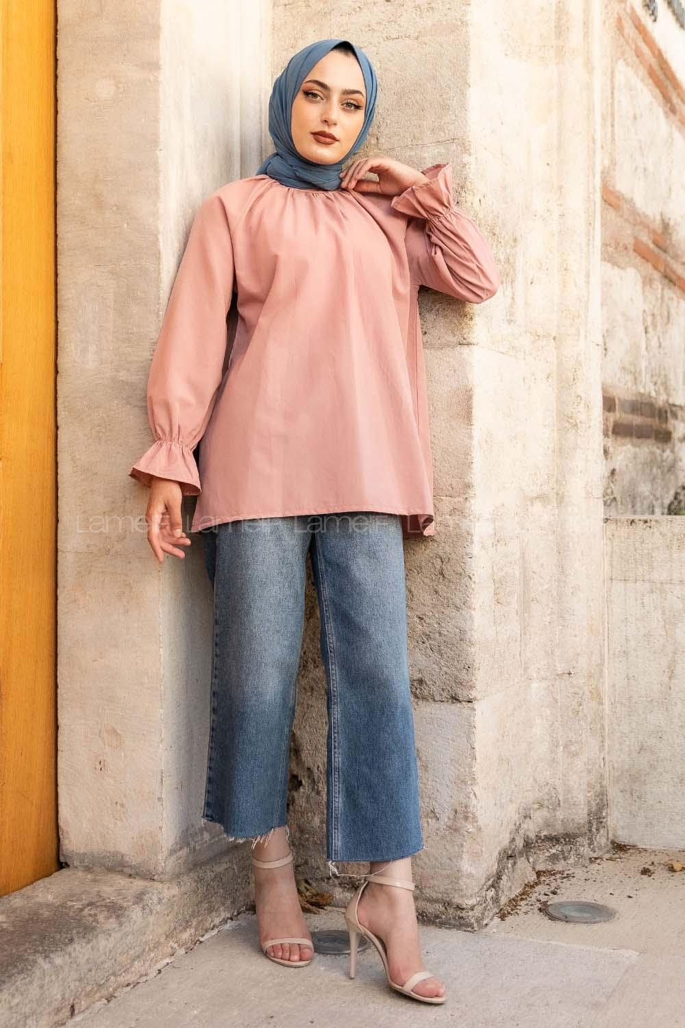 Modalamelif Kol Lastikli Hakim Yaka Bluz Gül