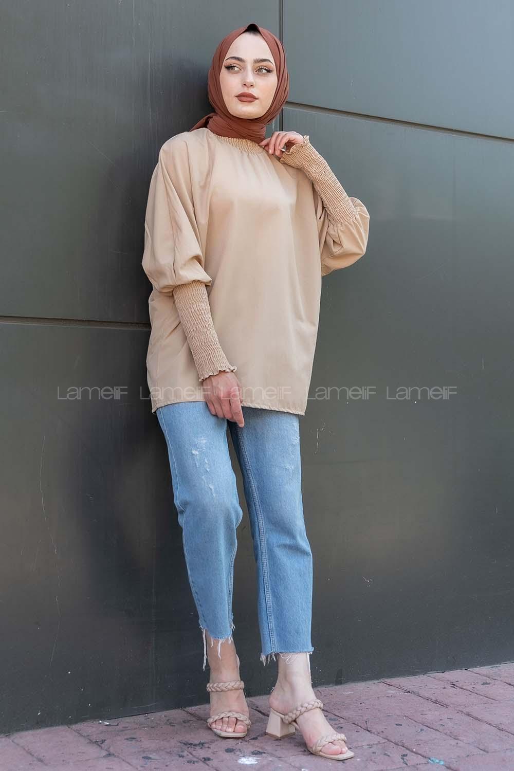 Modalamelif Kol ve Yaka Lastik Detaylı Bluz Sütlü Kahve