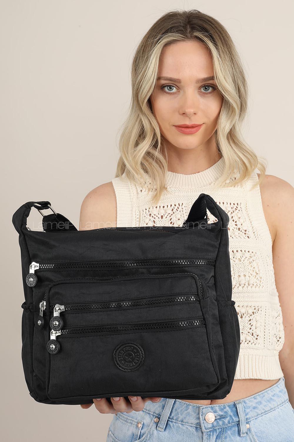 Modalamelif Krinkıl Kumaş Çok Gözlü Fermuarlı Çanta Siyah