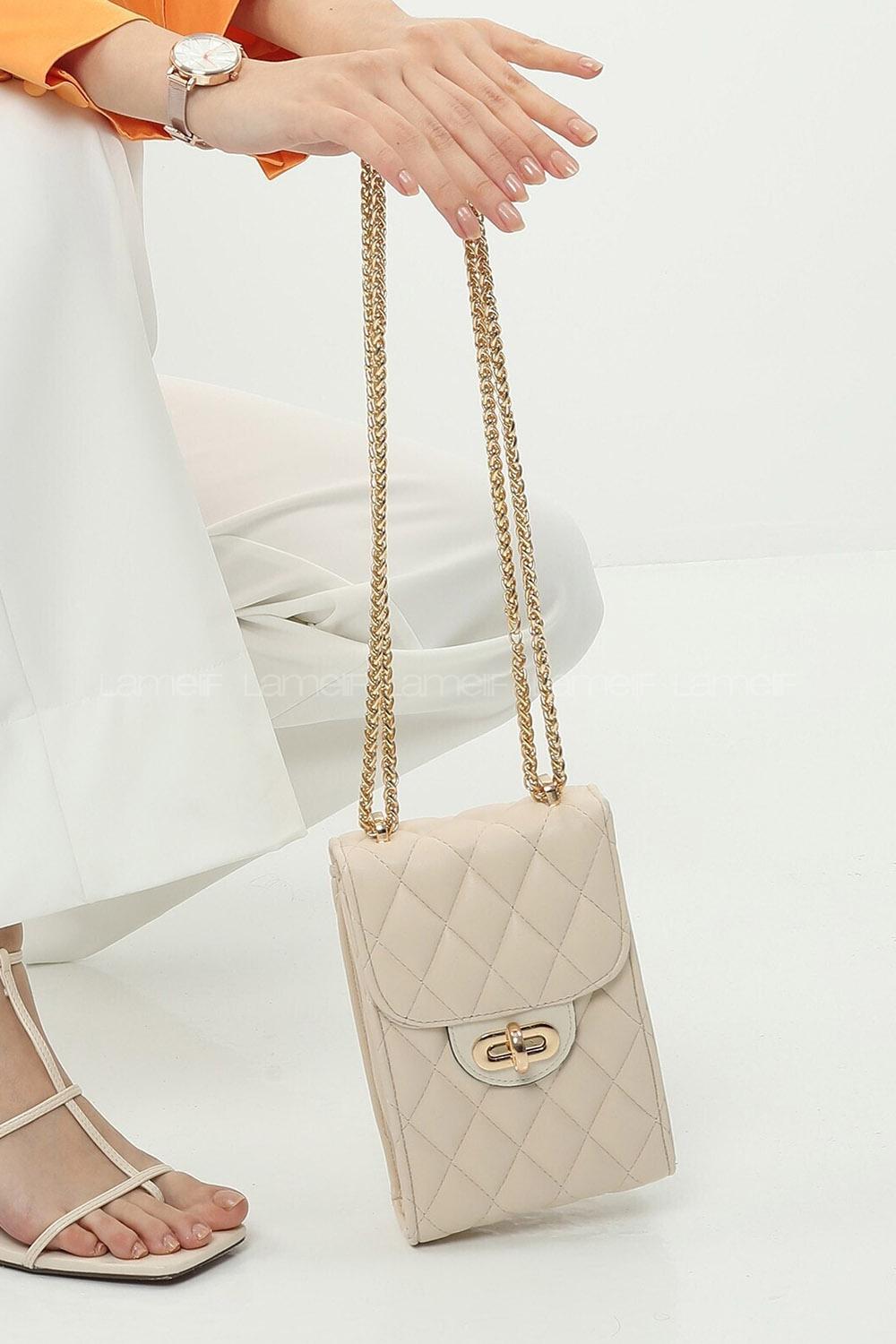 Modalamelif Messenger Model Kapitone Baskı Çanta Krem