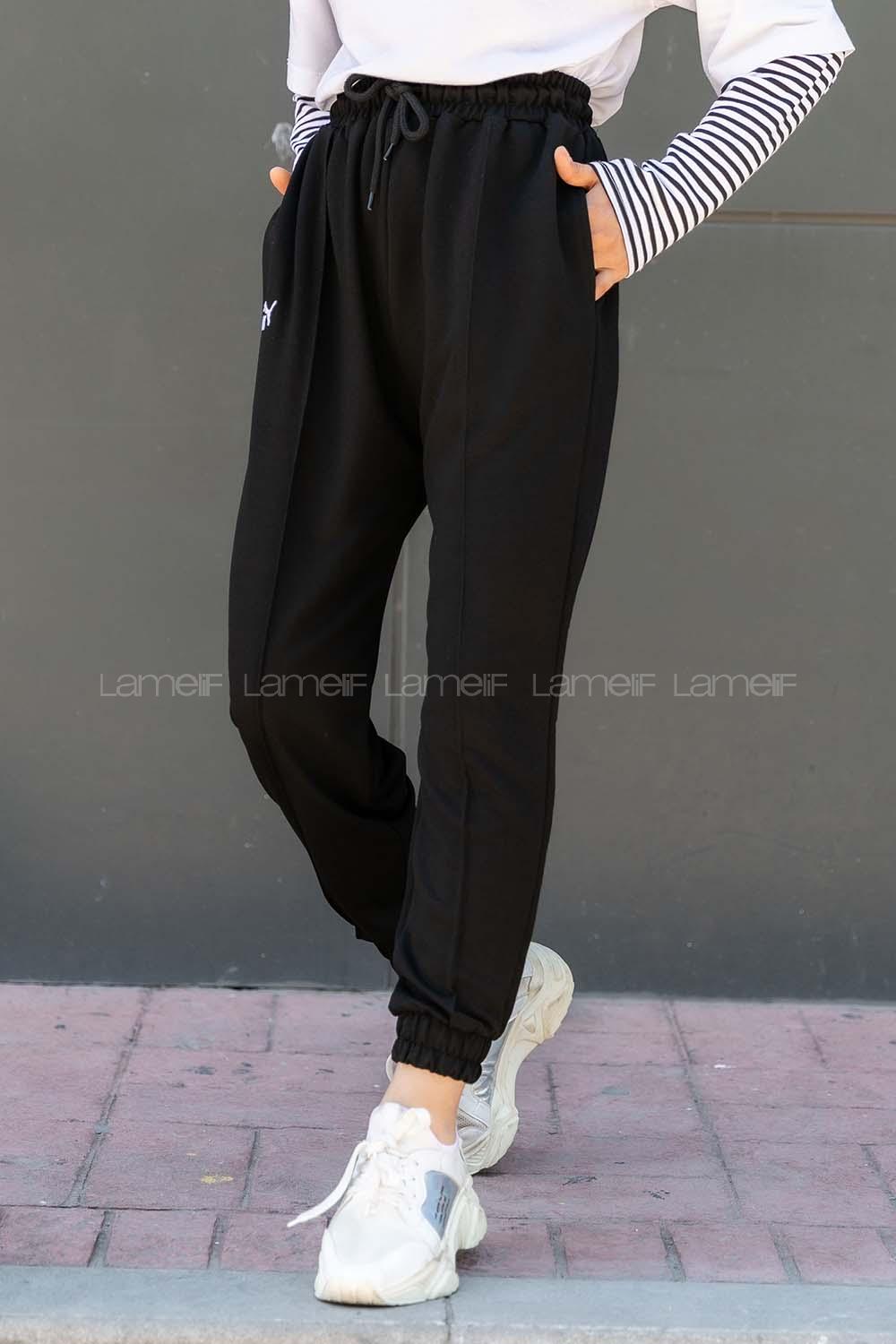 Modalamelif Nakış Detaylı Lastik Paçalı Eşofman Siyah