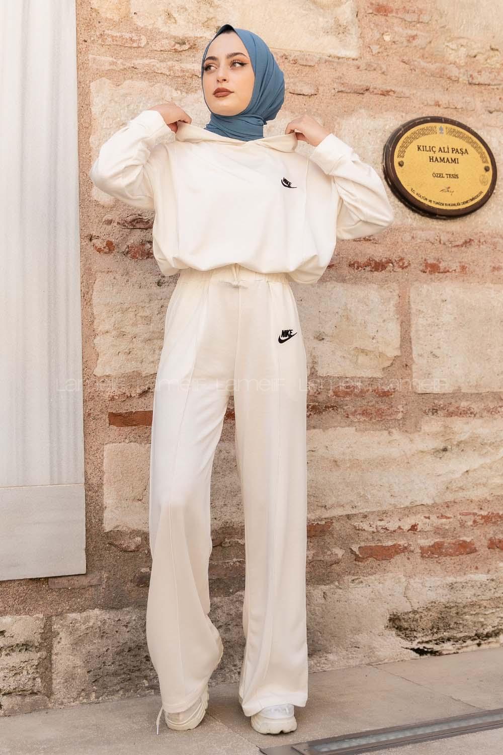 Modalamelif Nıke Nakışlı Kapüşonlu İkili Takım Ekru
