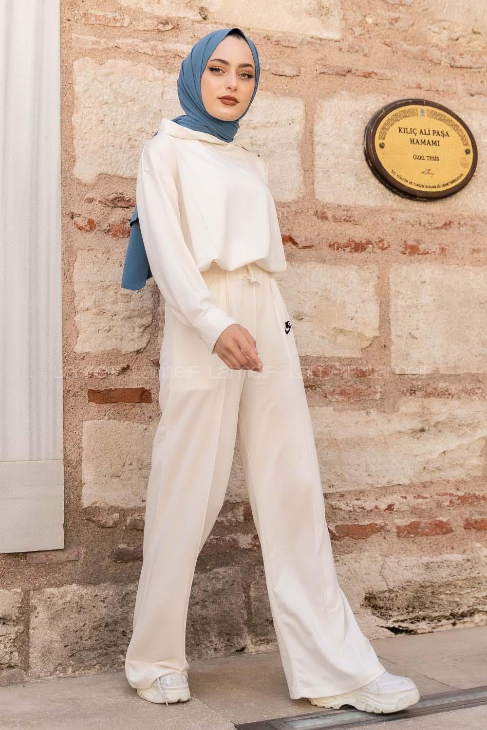 Modalamelif Nıke Nakışlı Kapüşonlu İkili Takım Ekru